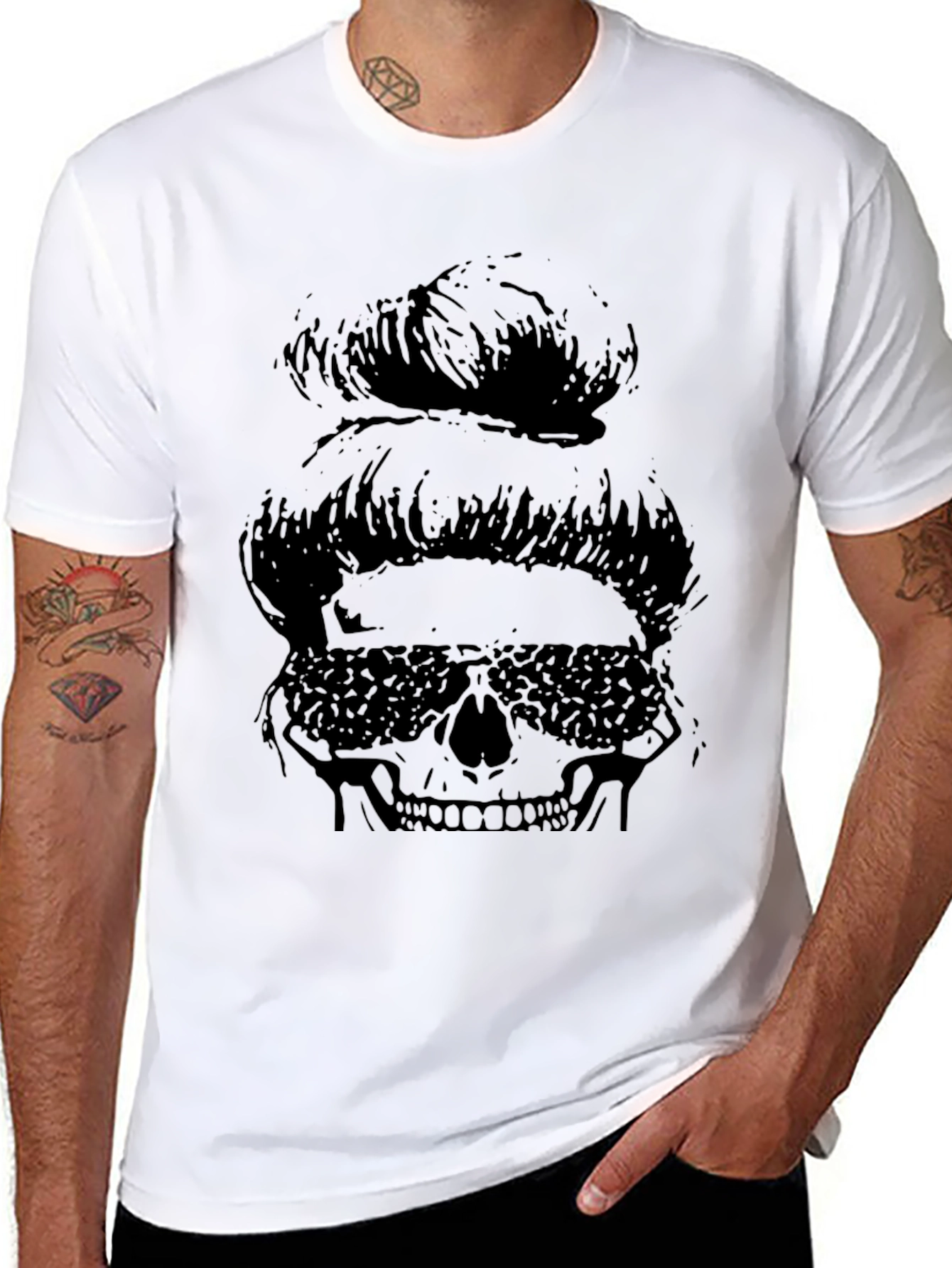 Messy Bun Skull Graphic Tee - Black