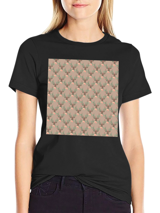 Floral Deer Pattern Crew Neck T-Shirt - Casual Style
