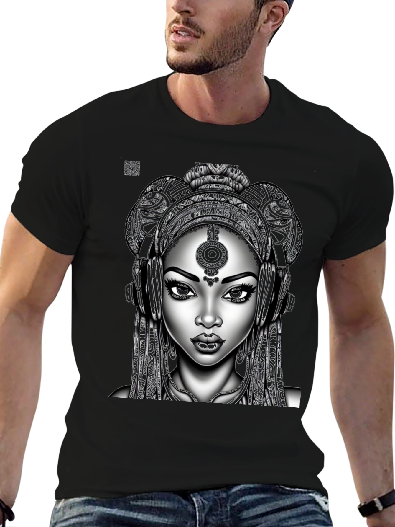 Graphic Tee: Afro-futuristic Woman with Headphones - Black