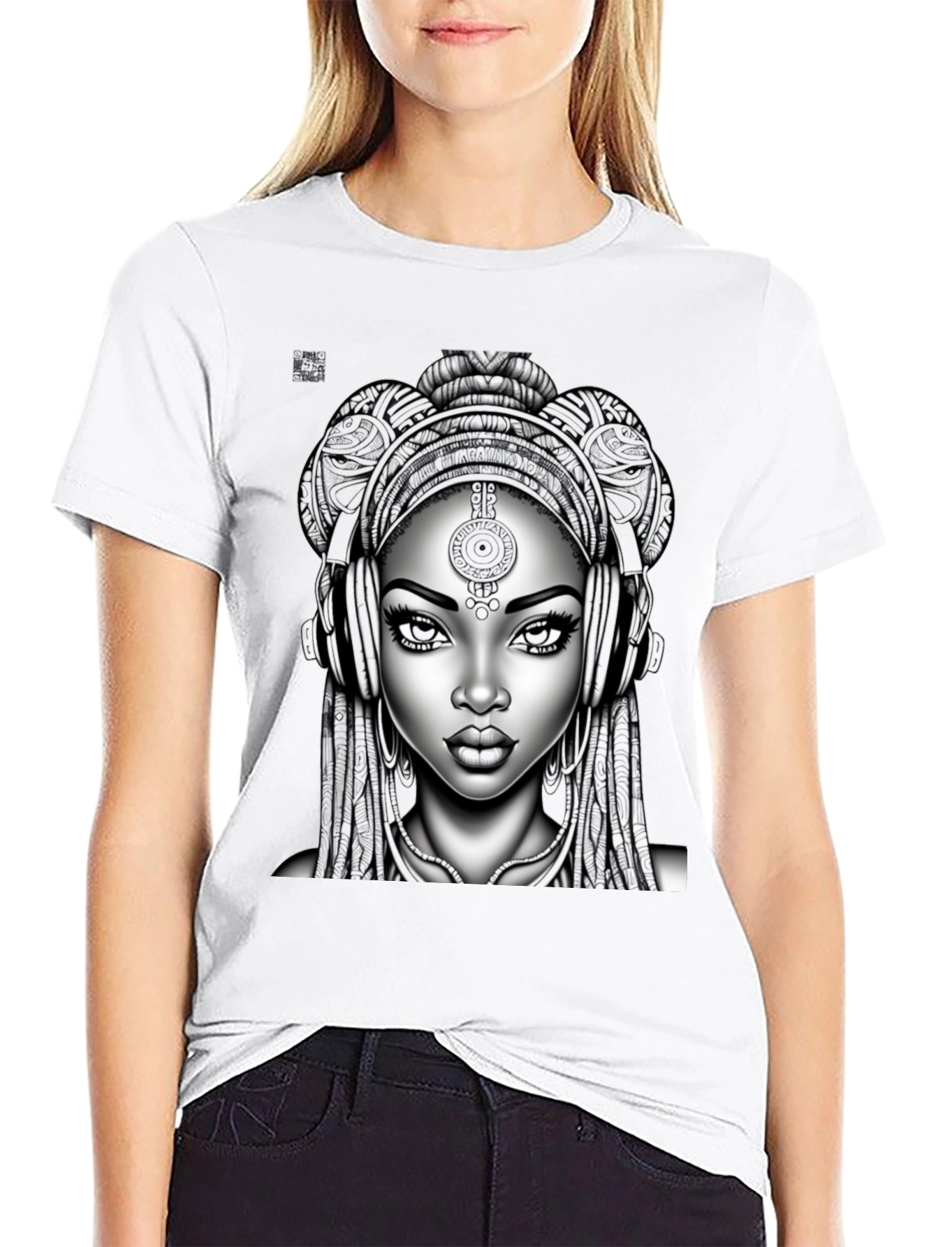 Graphic Tee: Afro-futuristic Woman with Headphones - Black