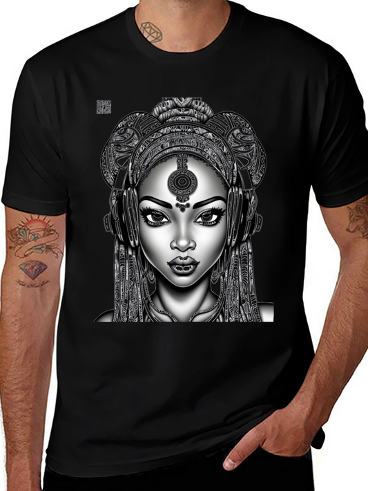Graphic Tee: Afro-futuristic Woman with Headphones - Black