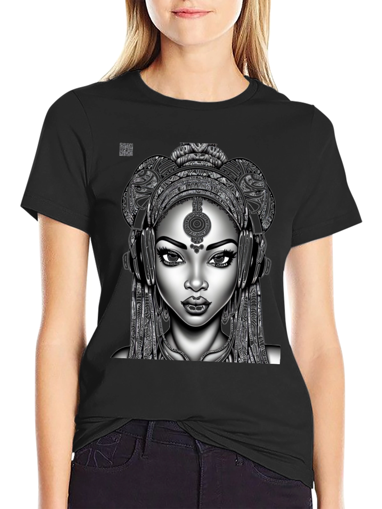 Graphic Tee: Afro-futuristic Woman with Headphones - Black