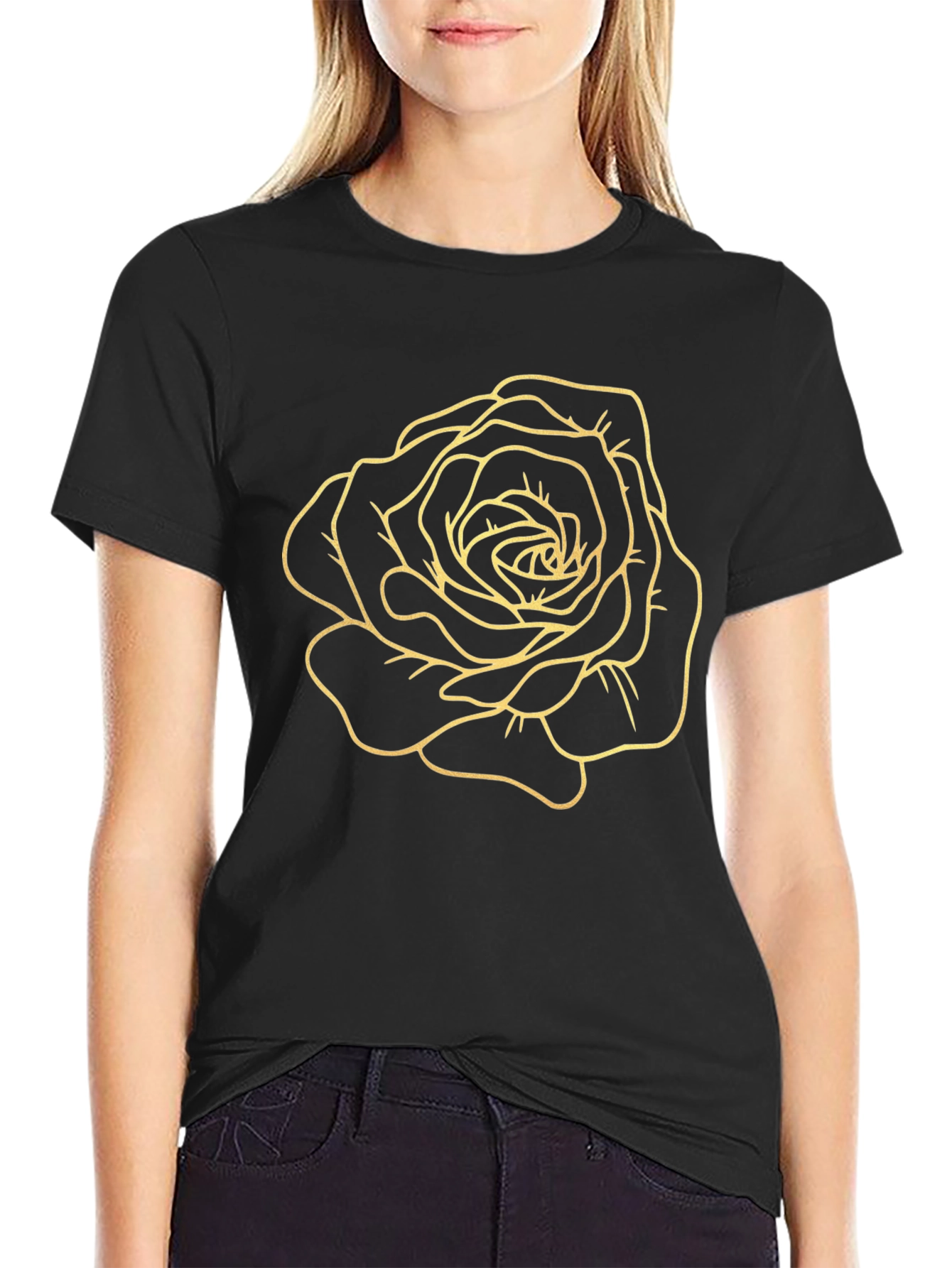 Black T-Shirt with Golden Rose Design