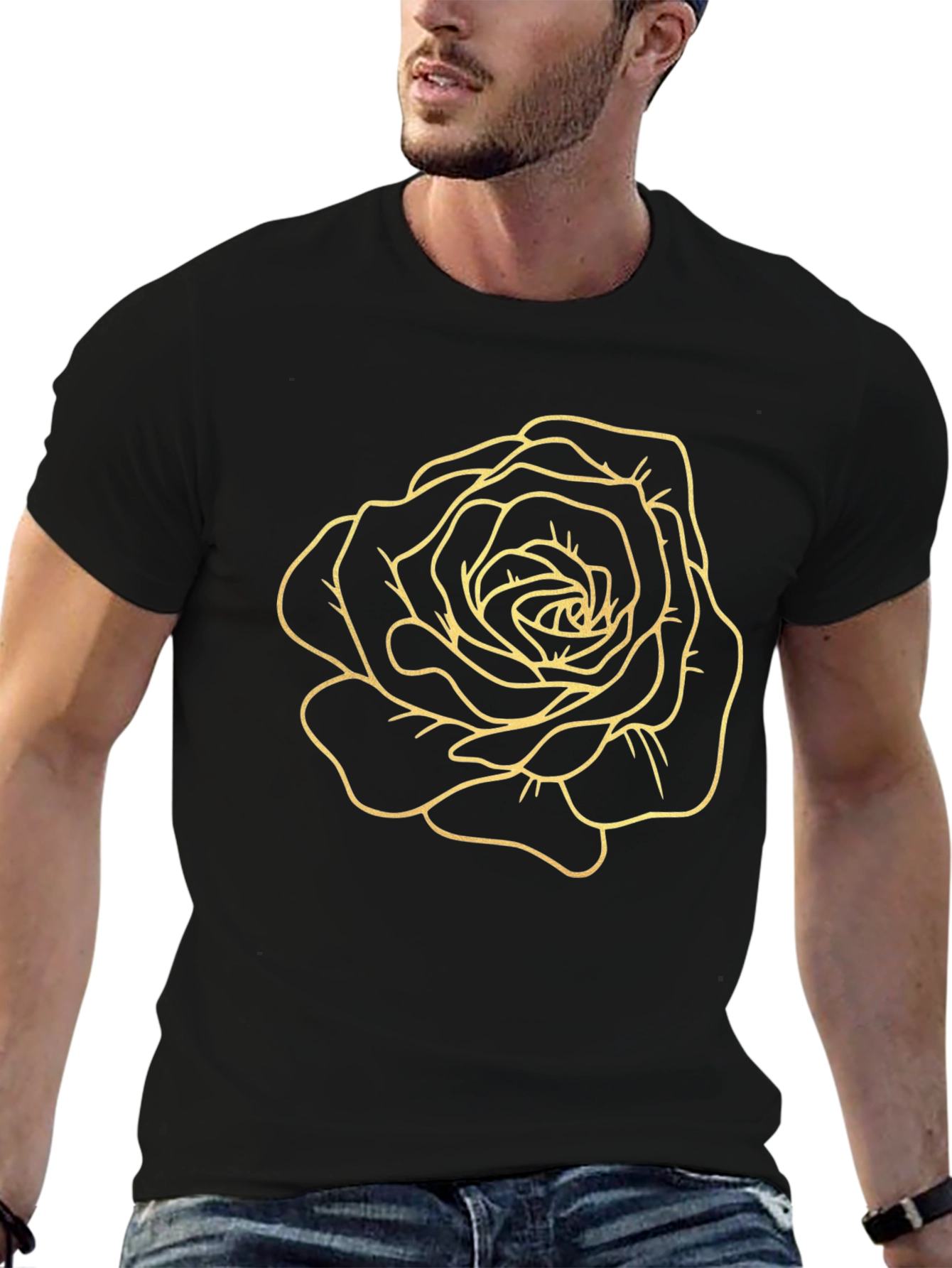Black T-Shirt with Golden Rose Design