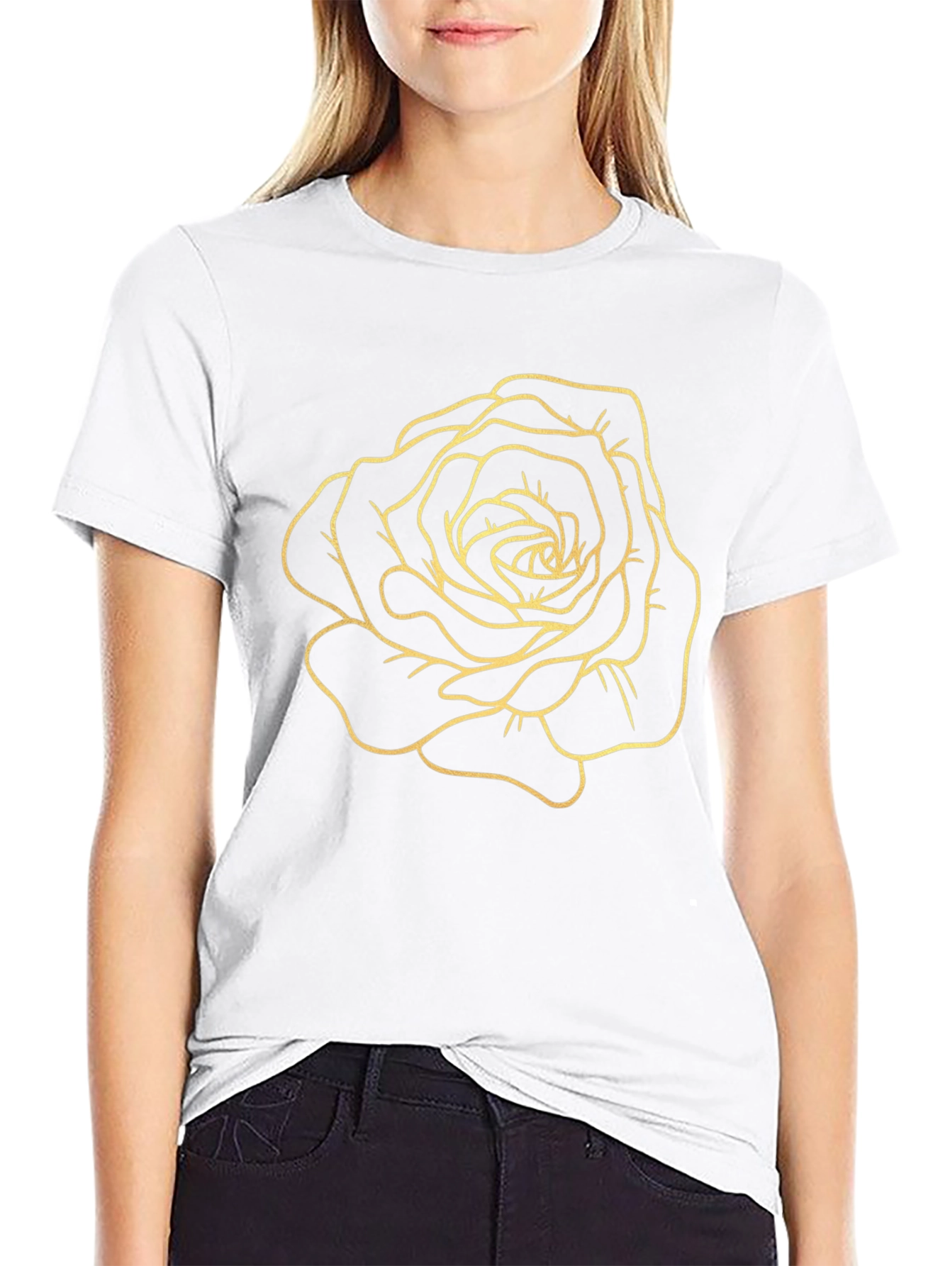 Black T-Shirt with Golden Rose Design