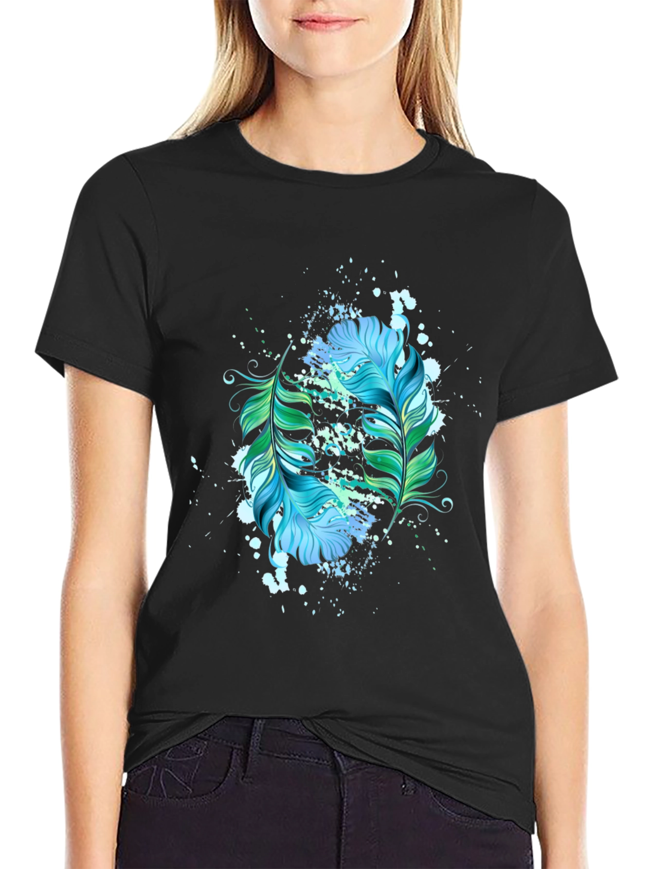 Feather Splash Graphic Black T-Shirt