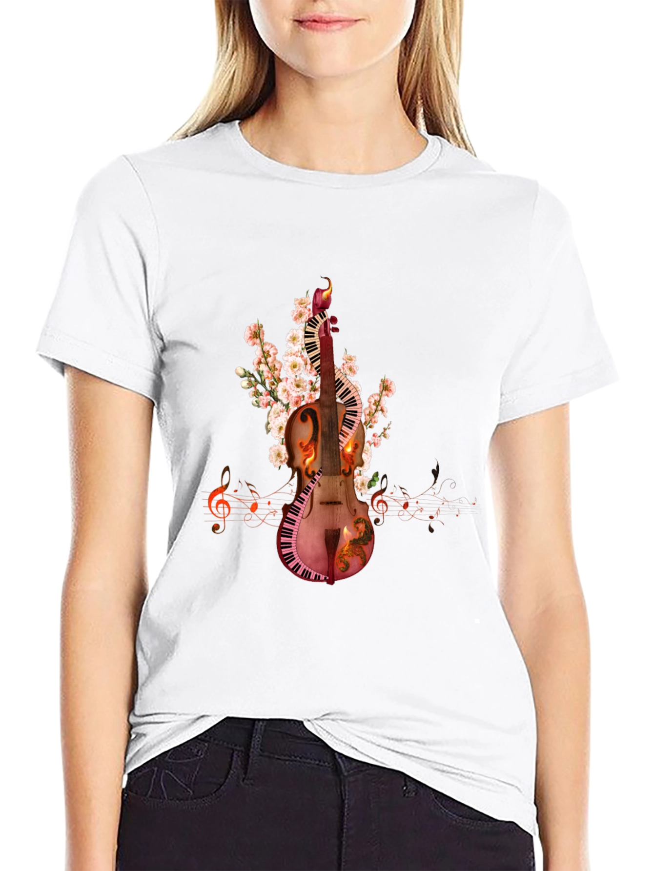 Musical Harmony T-Shirt: Violin & Keyboard Design