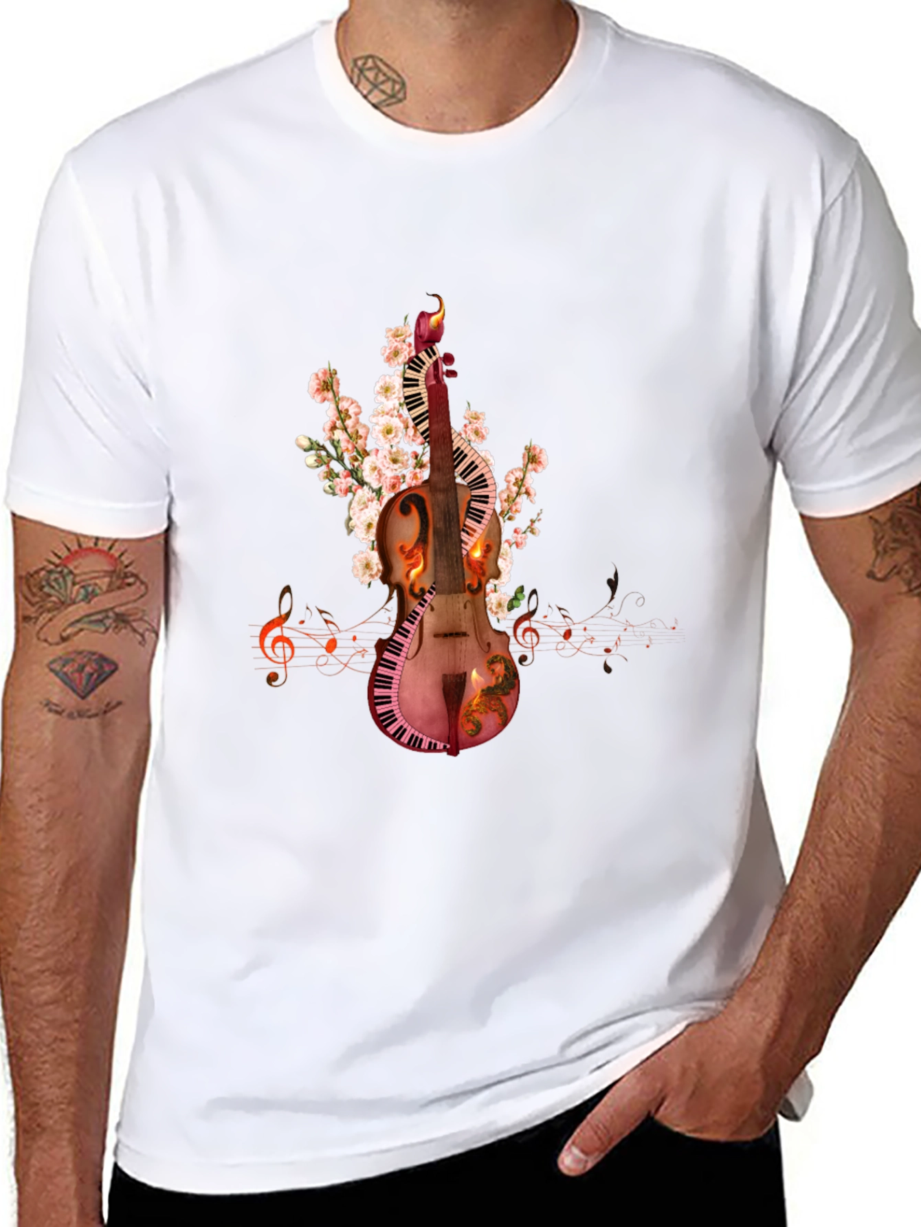 Musical Harmony T-Shirt: Violin & Keyboard Design