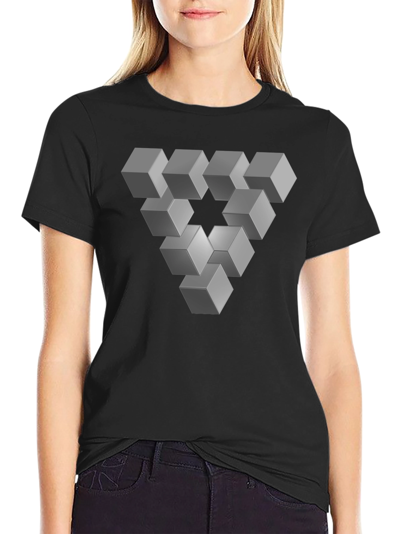 Optical Illusion Cube Triangle Graphic Tee - Black