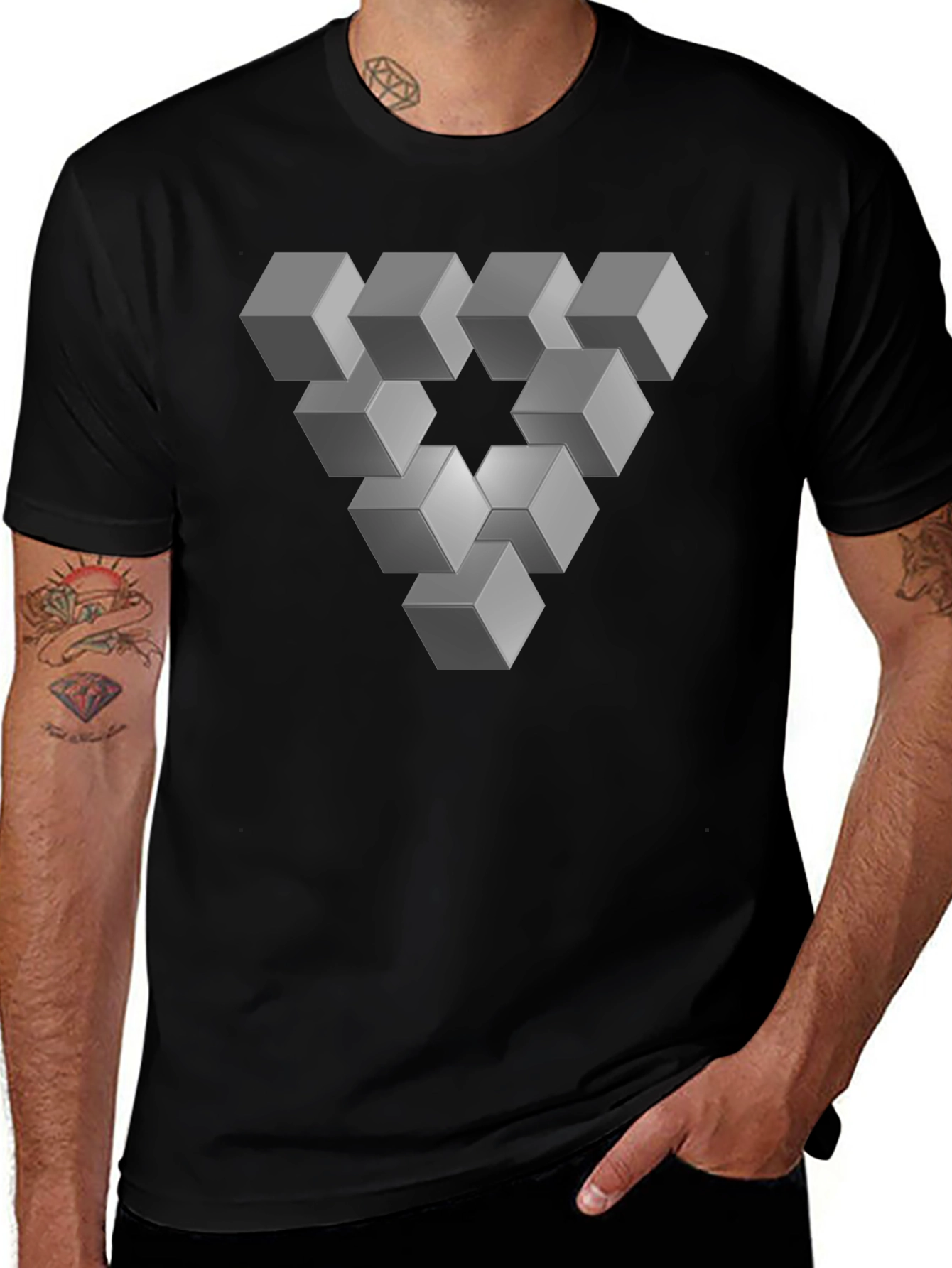 Optical Illusion Cube Triangle Graphic Tee - Black