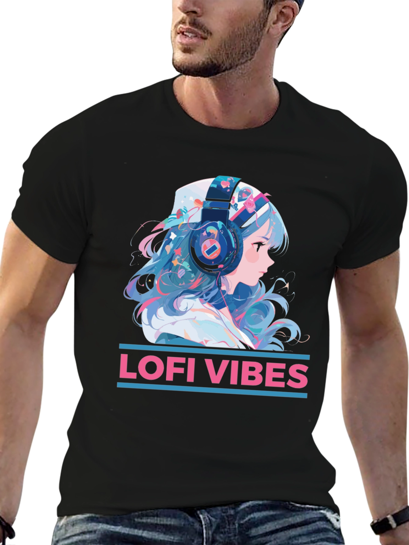 Lofi Vibes Anime Girl Black T-Shirt