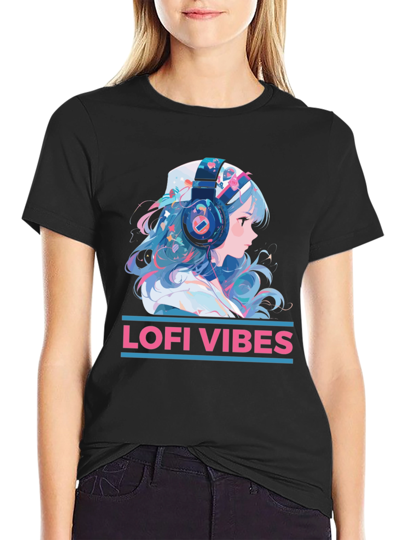 Lofi Vibes Anime Girl Black T-Shirt