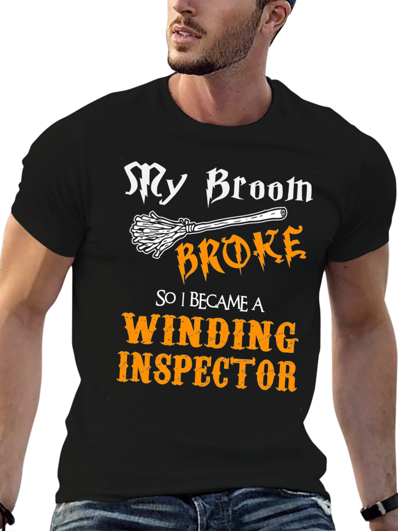Funny Winding Inspector T-Shirt - Broken Broom Design