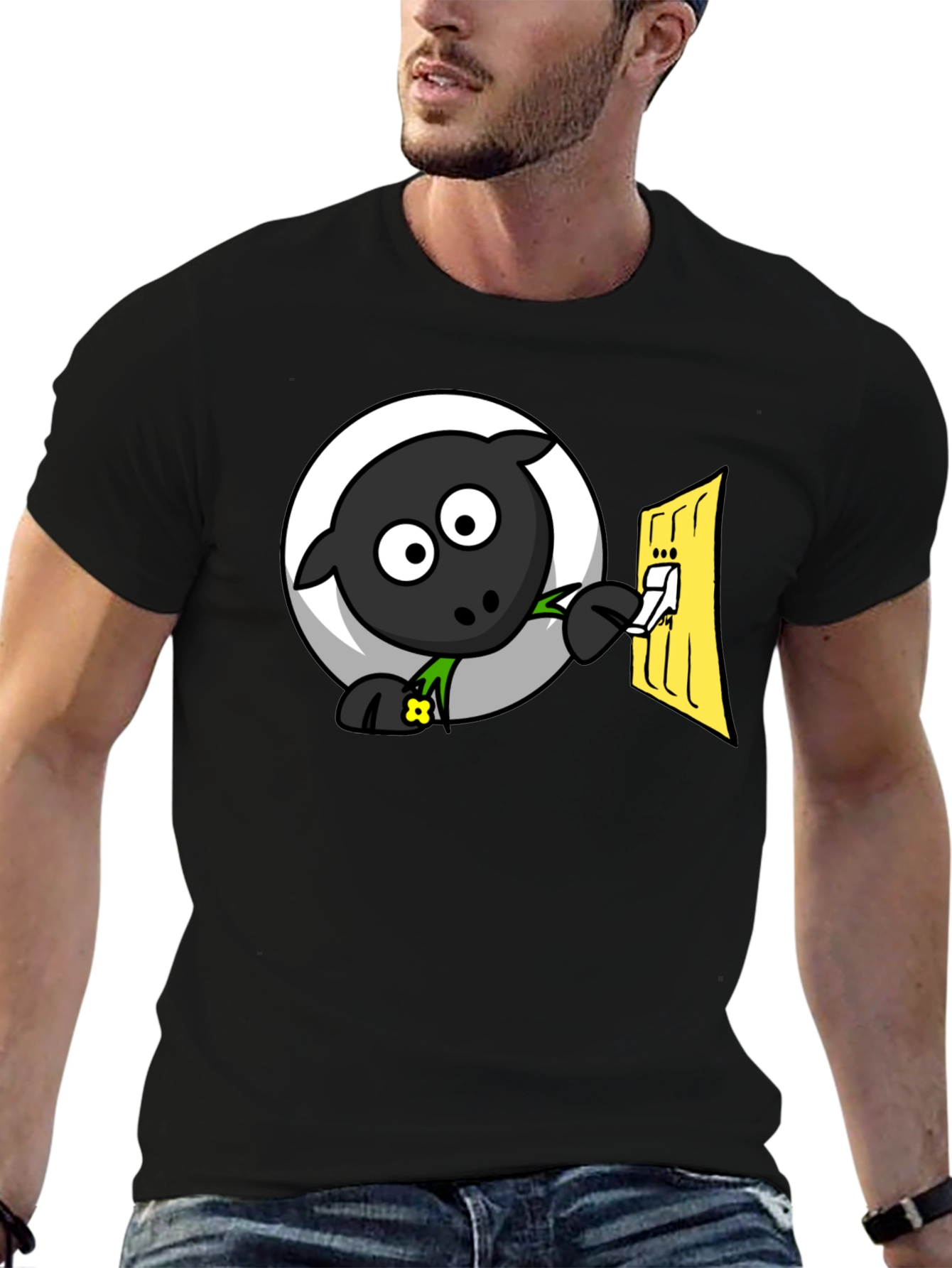 Funny Cartoon Sheep Turning on Light T-Shirt