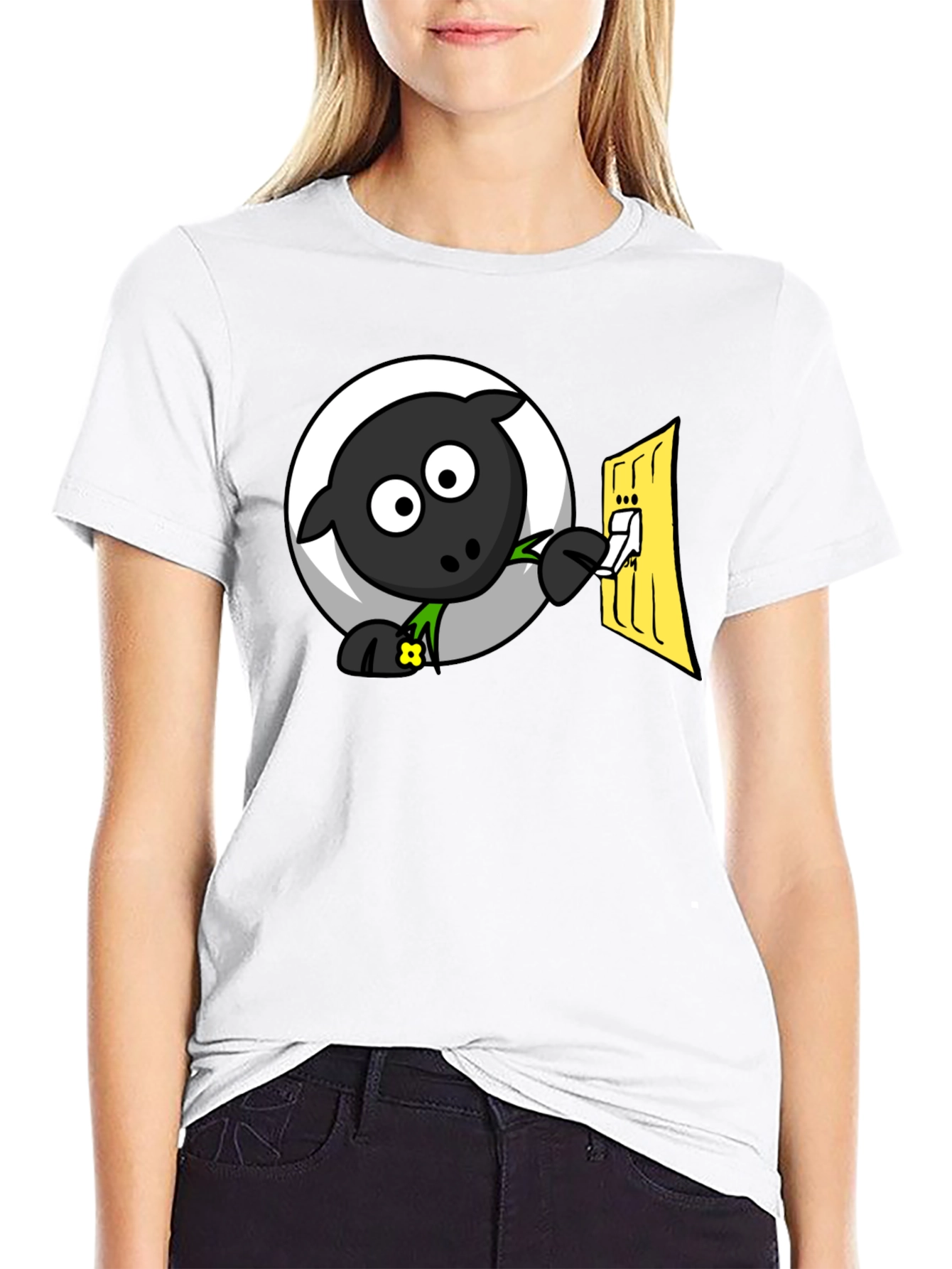 Funny Cartoon Sheep Turning on Light T-Shirt