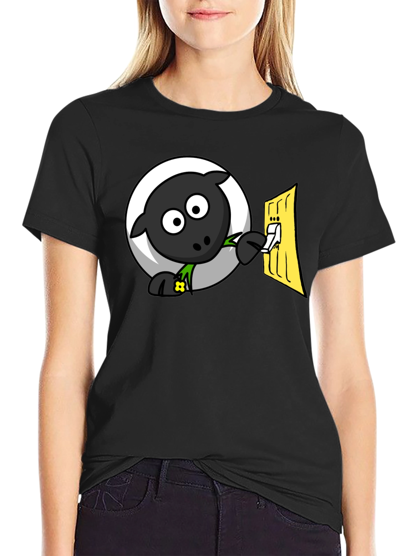Funny Cartoon Sheep Turning on Light T-Shirt