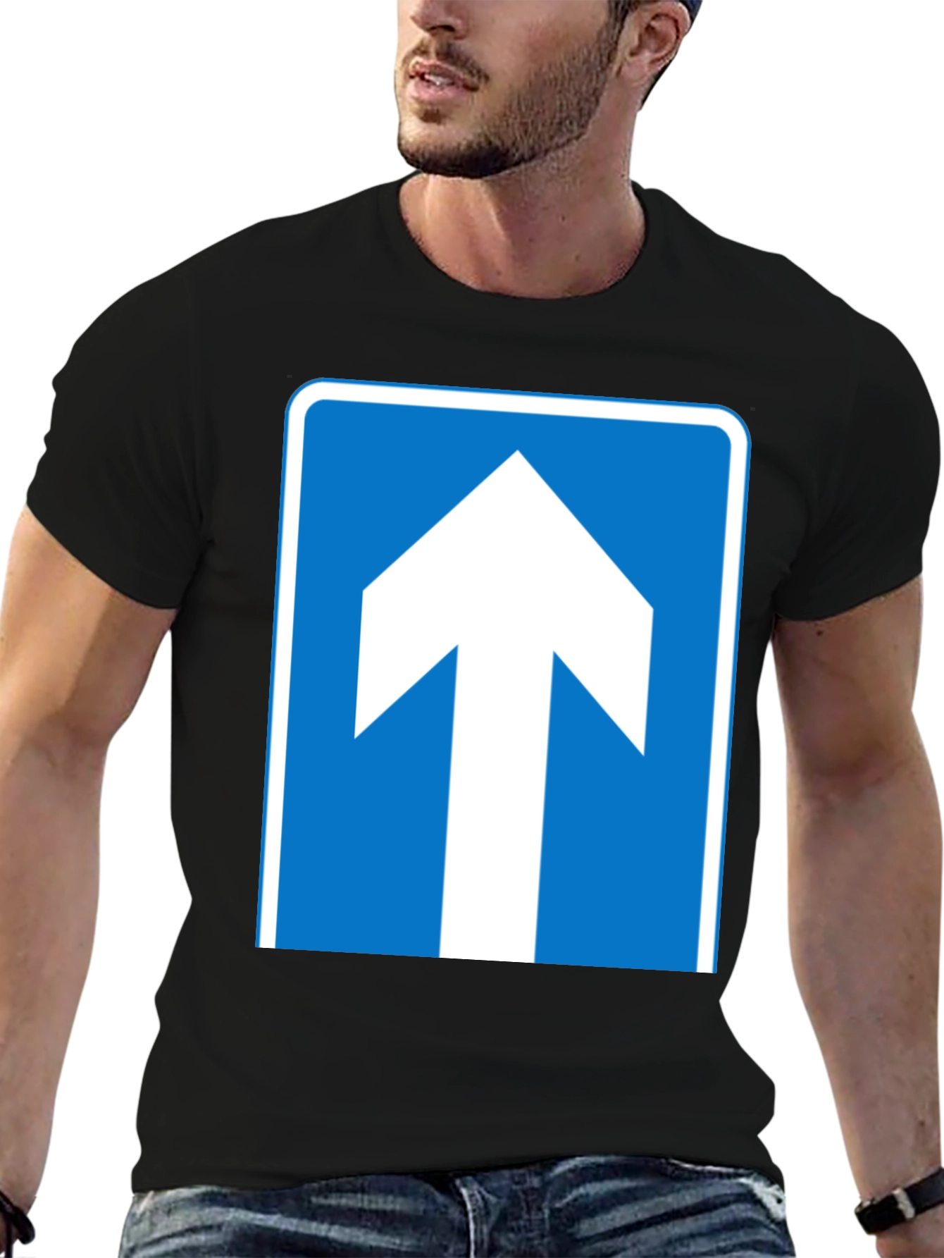 Upward Arrow Graphic Tee - Blue & White Design