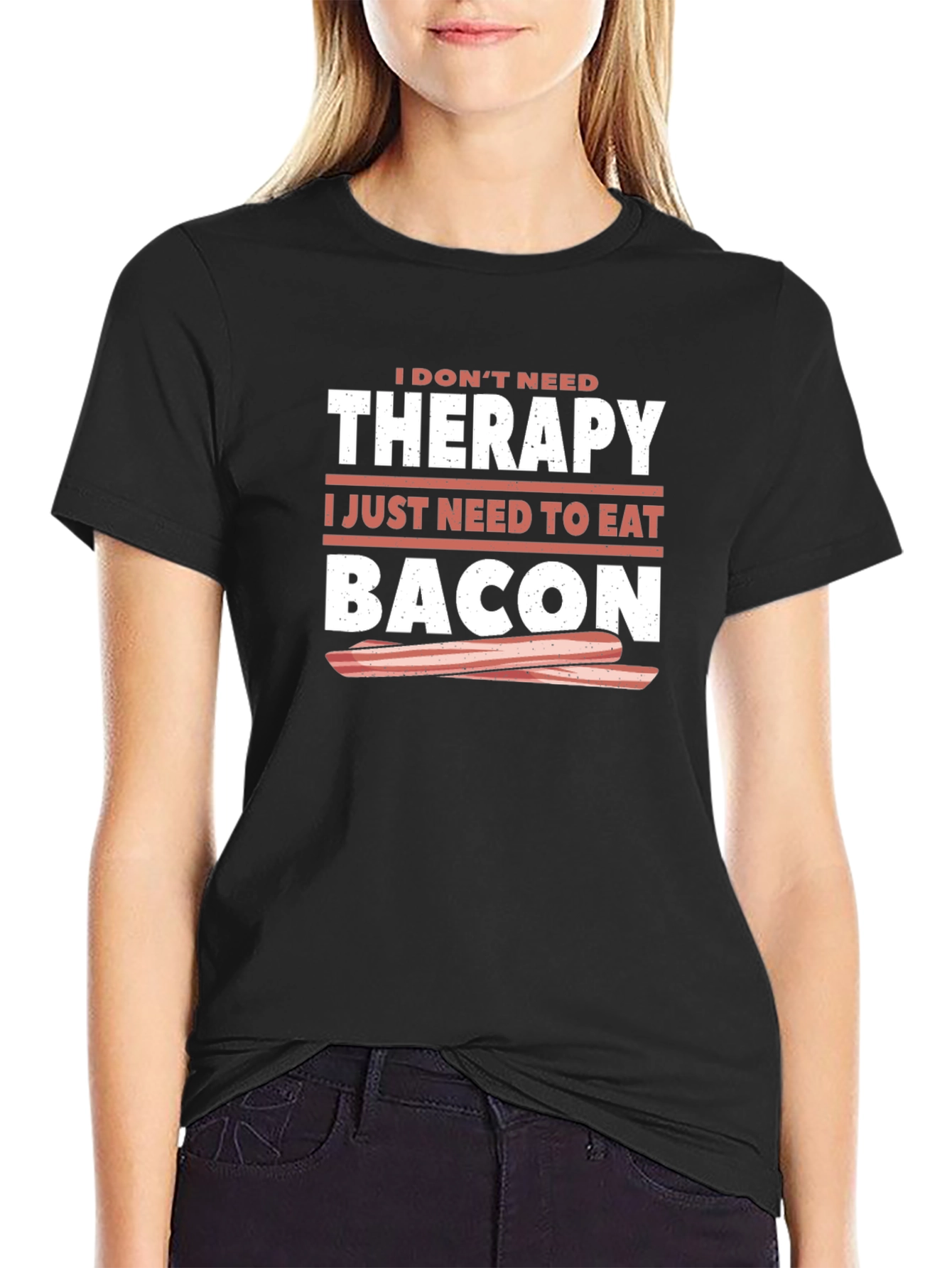 Funny Bacon Therapy Black Graphic T-Shirt