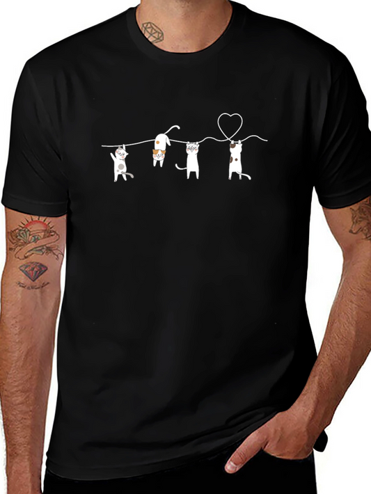 Cute Cats on a Line Graphic Tee - Black