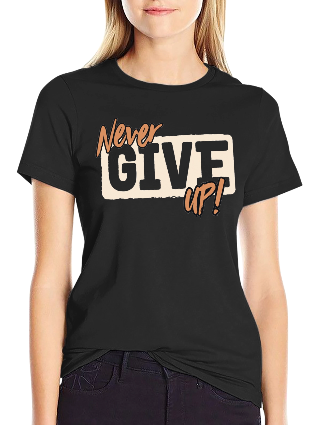 Never Give Up! Black Graphic T-Shirt