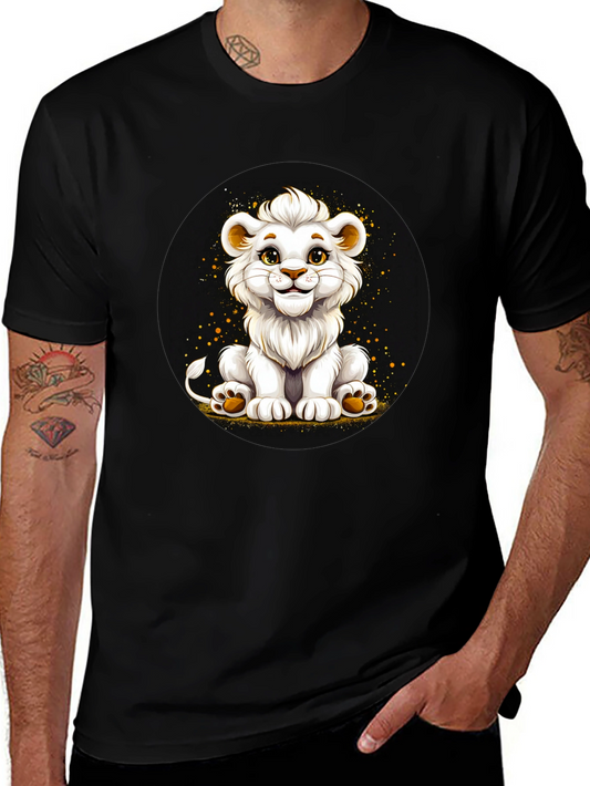 Cute White Lion Cub Graphic Black T-Shirt