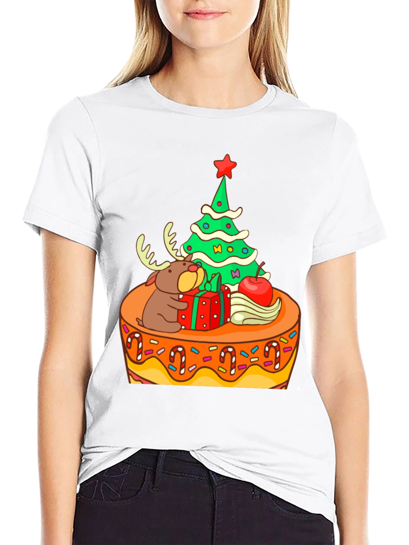 Festive Christmas Tree & Reindeer Graphic Tee