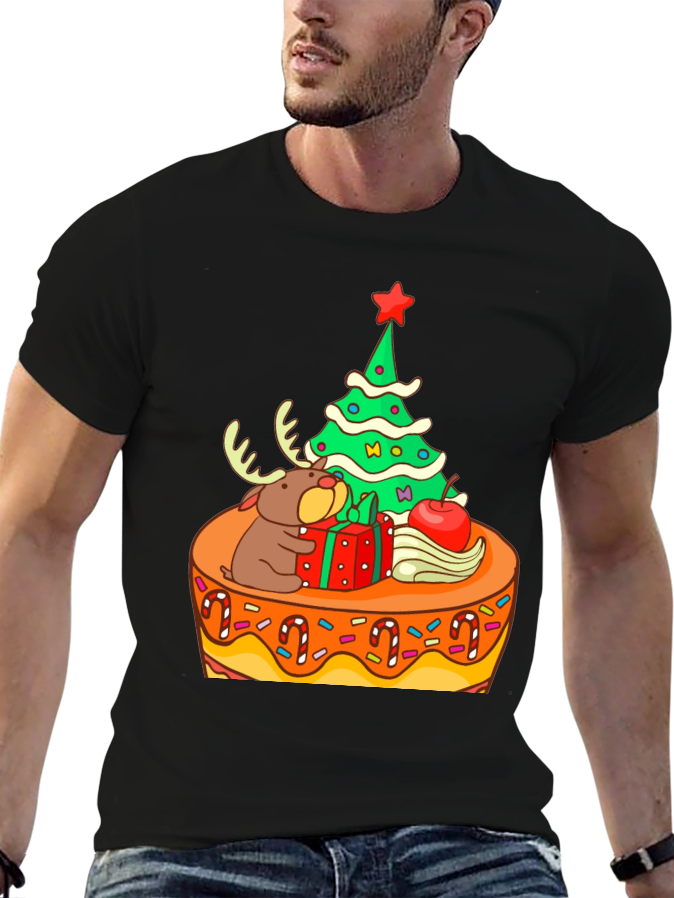 Festive Christmas Tree & Reindeer Graphic Tee