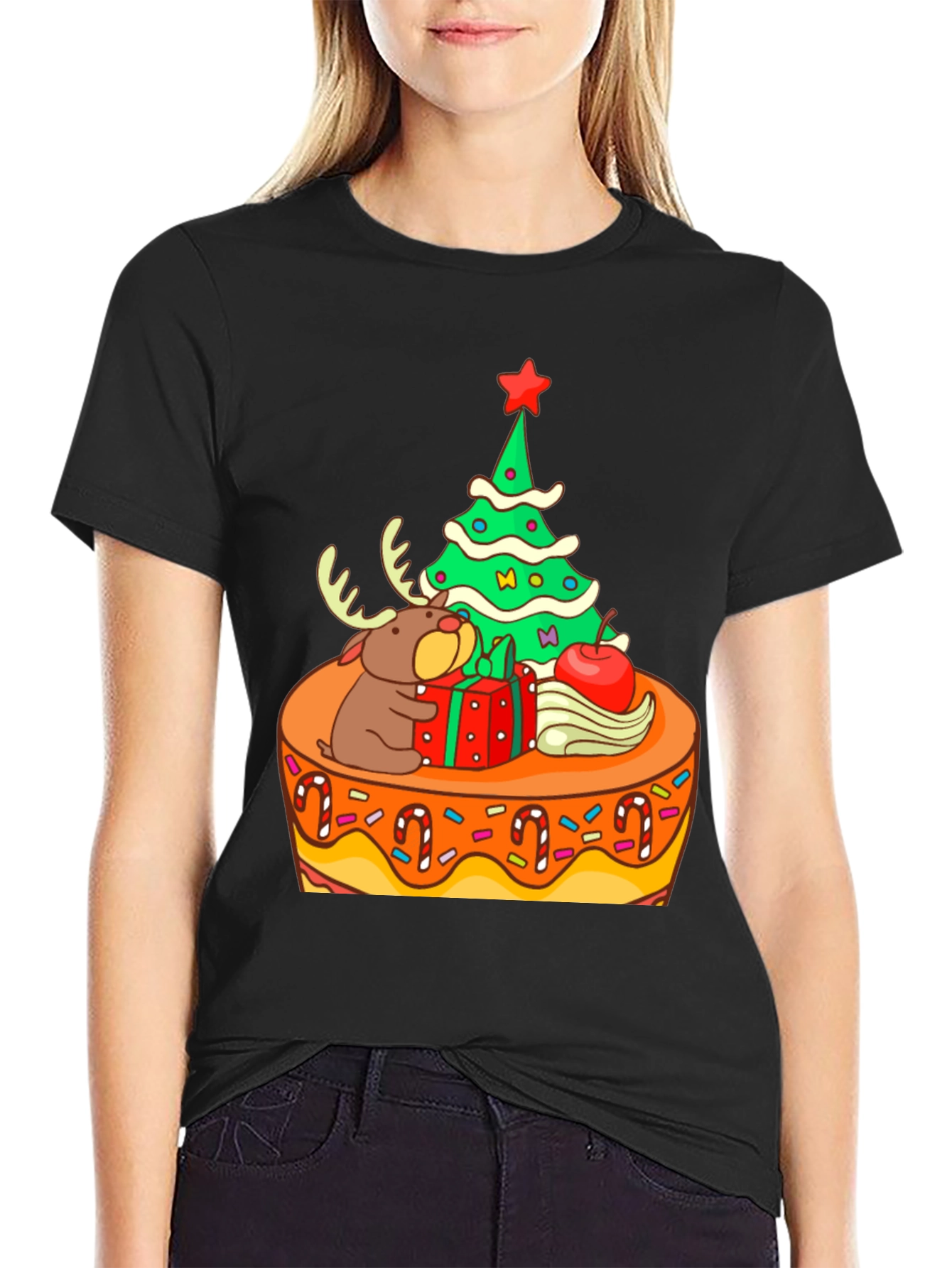 Festive Christmas Tree & Reindeer Graphic Tee