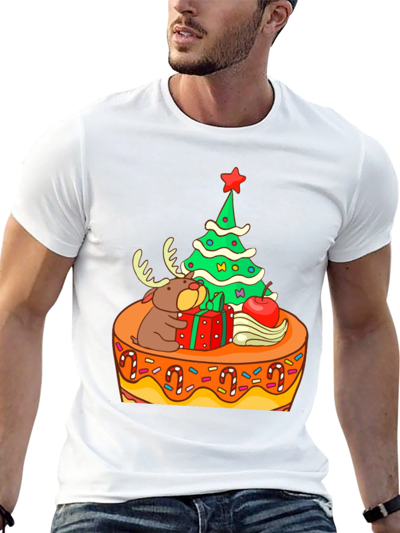 Festive Christmas Tree & Reindeer Graphic Tee