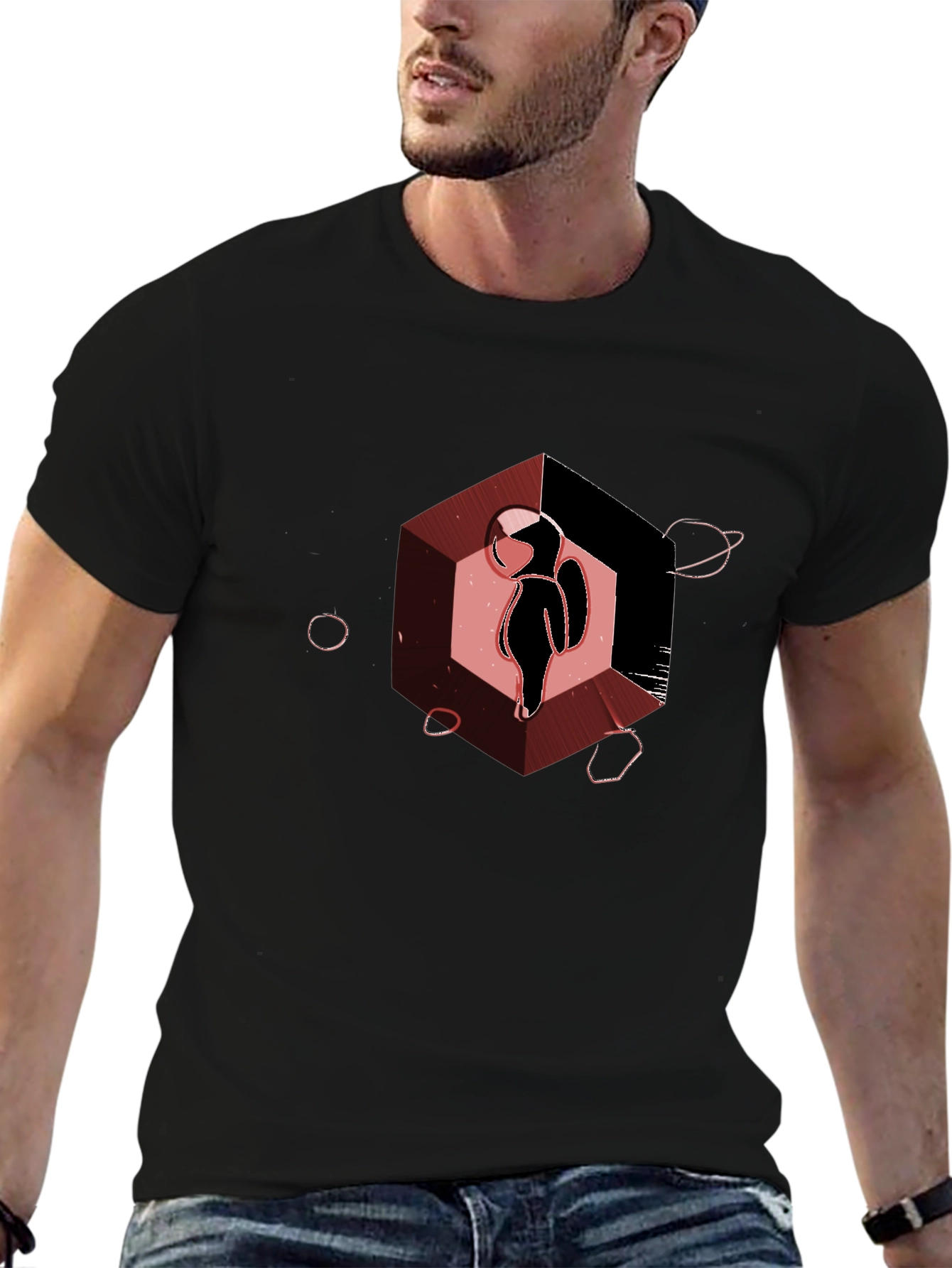 Astronaut in Hexagon Graphic T-Shirt - Black