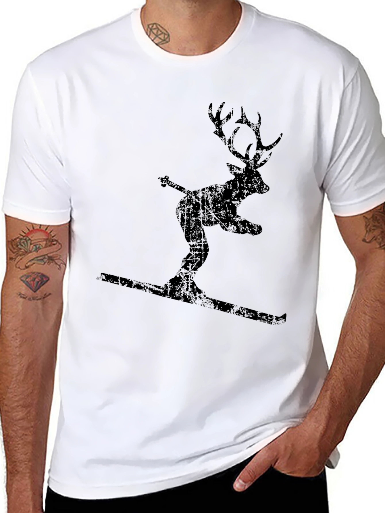 Skiing Deer Graphic Tee - Black Cotton Blend