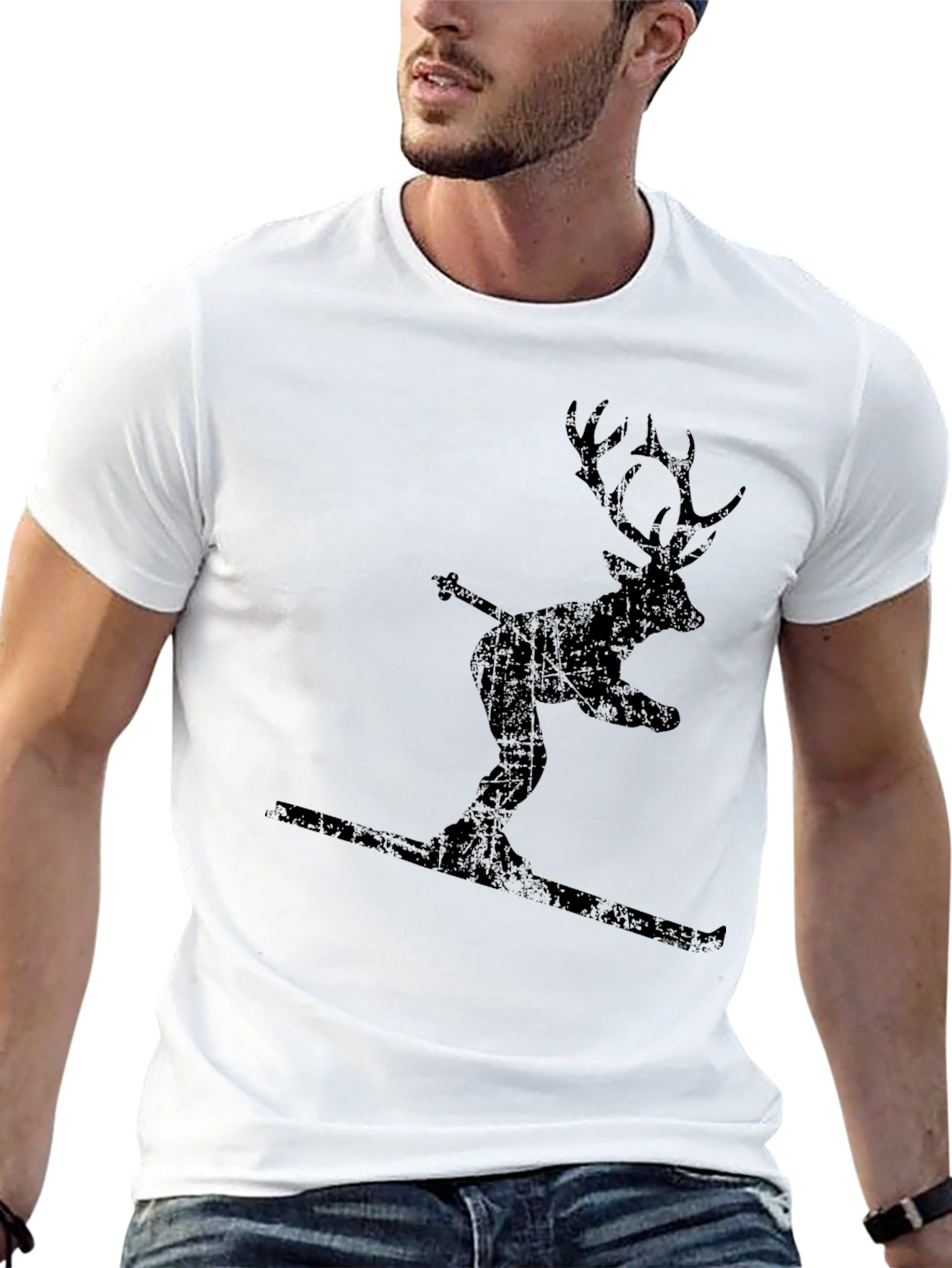 Skiing Deer Graphic Tee - Black Cotton Blend