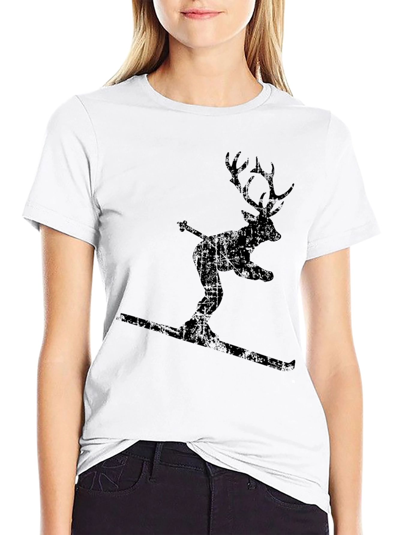 Skiing Deer Graphic Tee - Black Cotton Blend