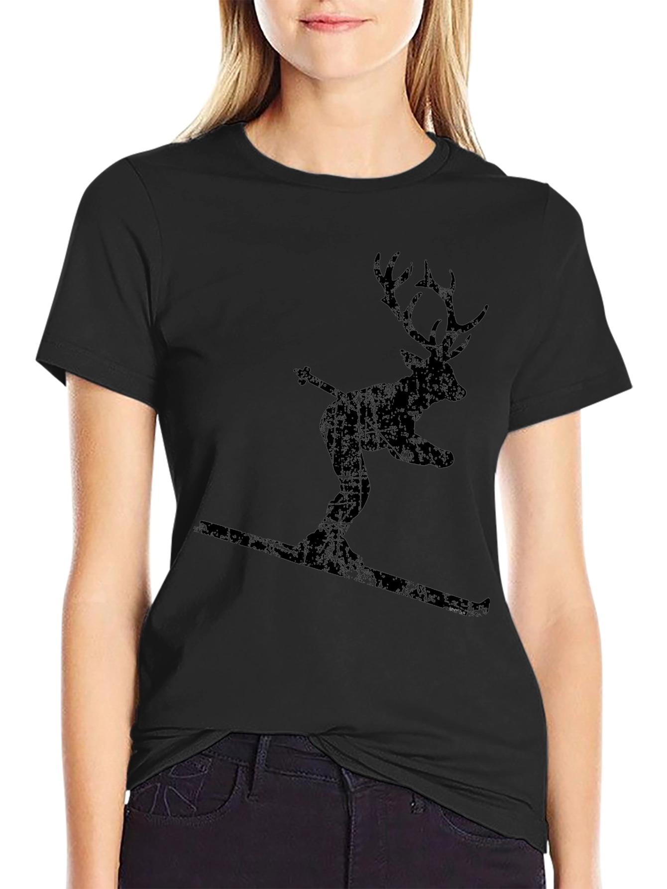 Skiing Deer Graphic Tee - Black Cotton Blend