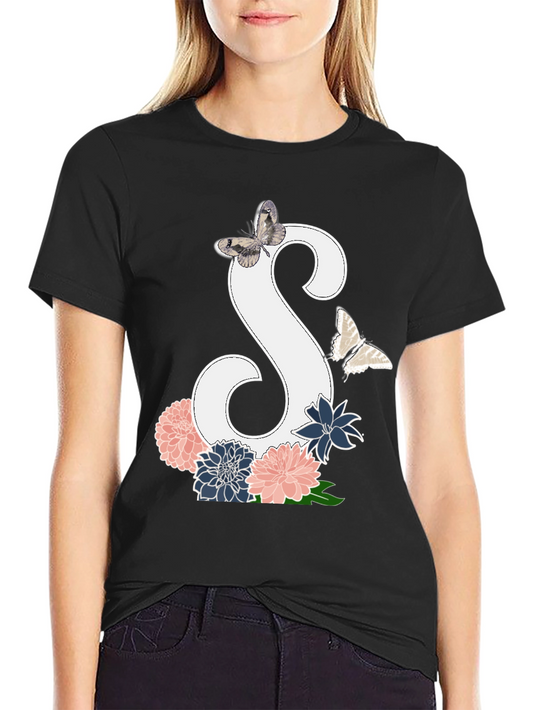 Floral Initial S Butterfly Black Graphic Tee