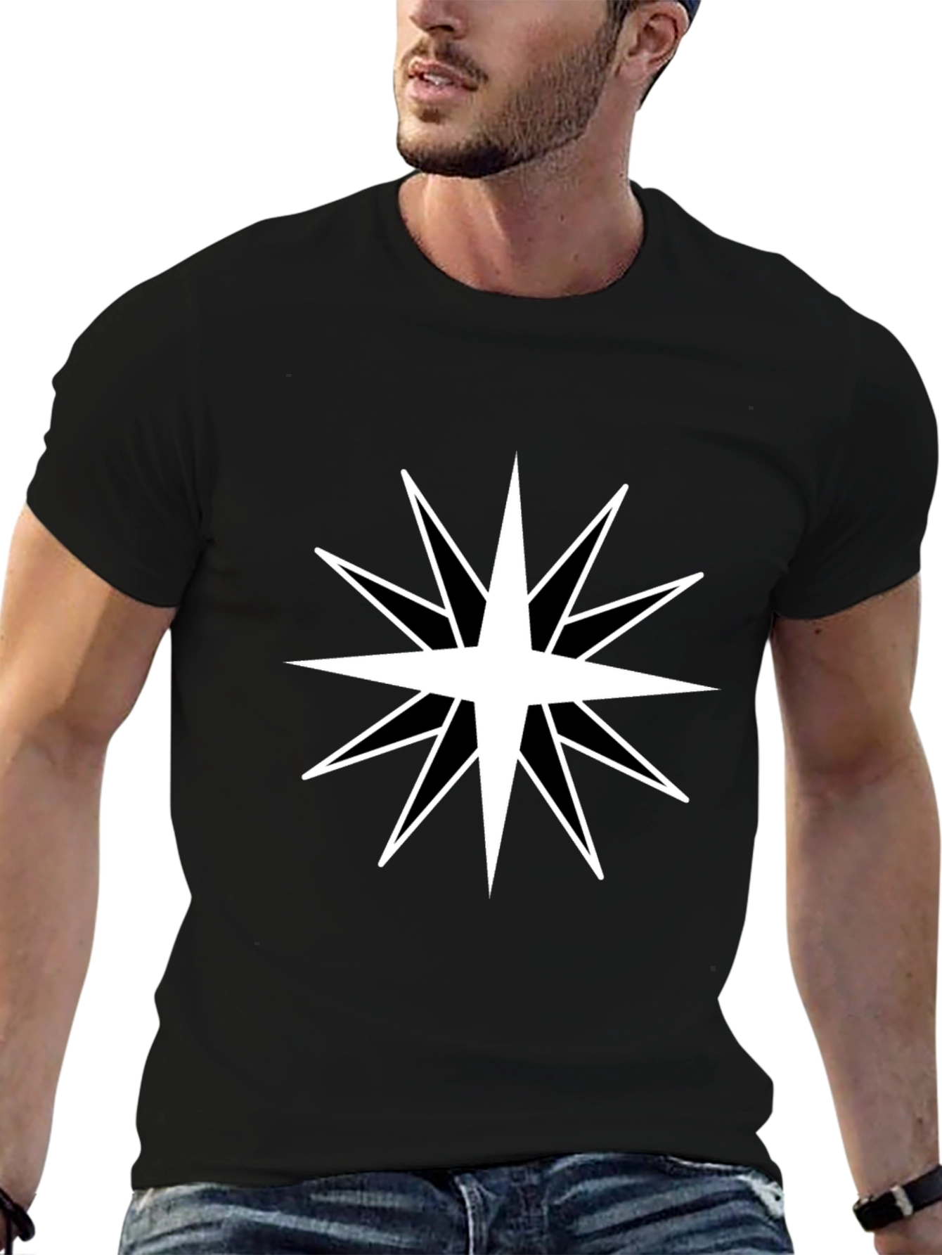 Mens Black T-Shirt with White Star Design