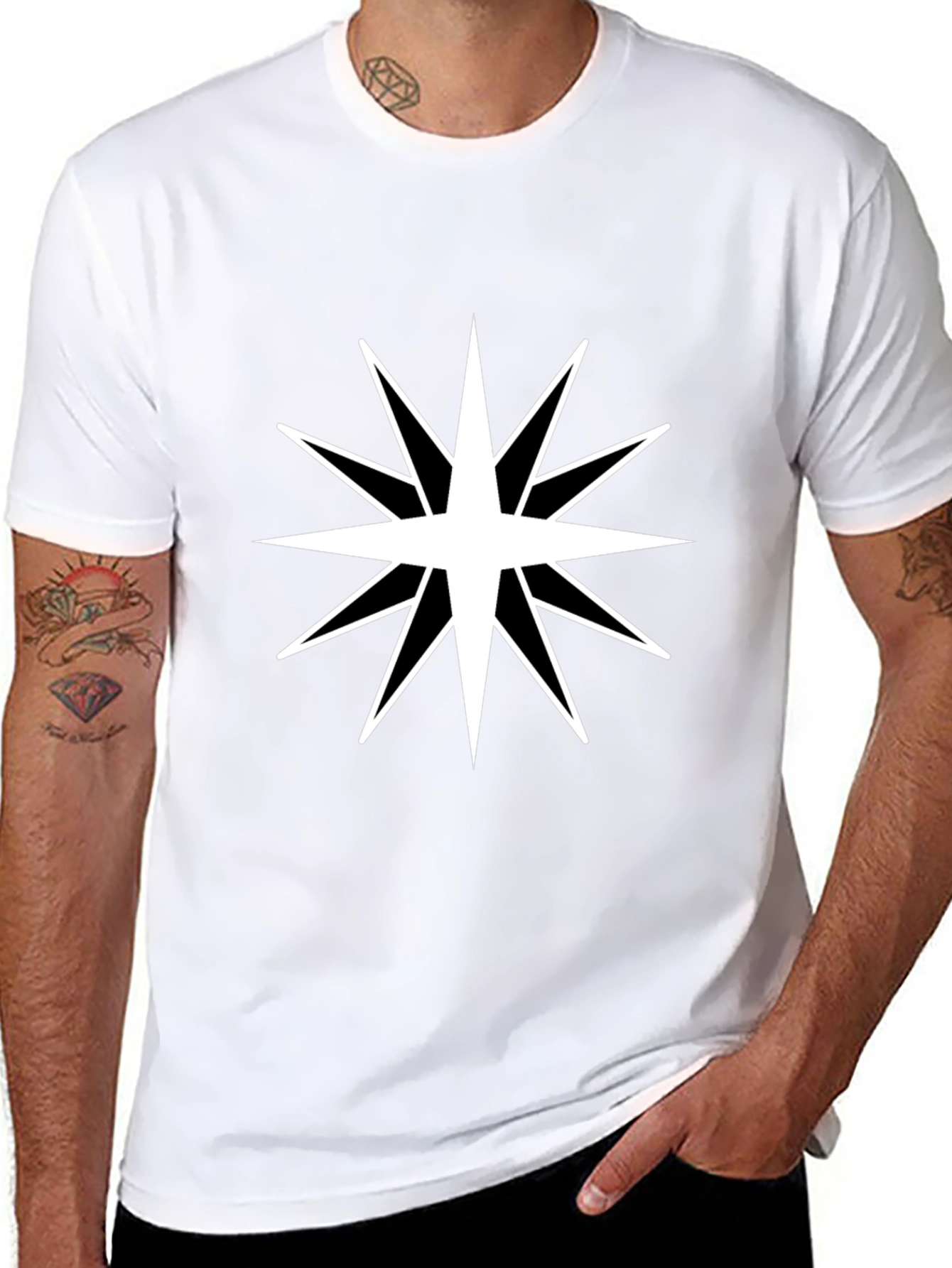 Mens Black T-Shirt with White Star Design
