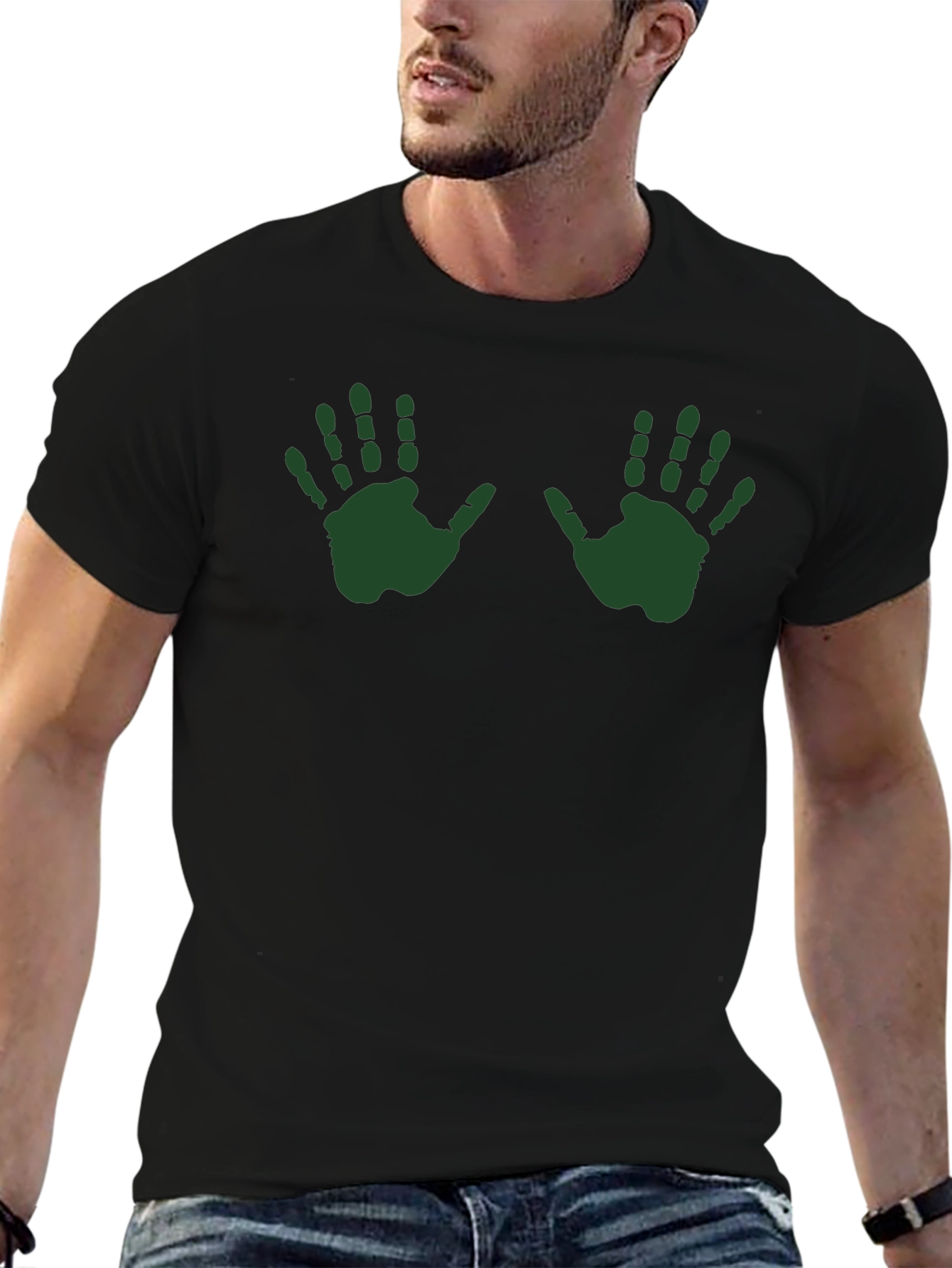 Green Handprint Graphic Tee - Casual Black T-Shirt