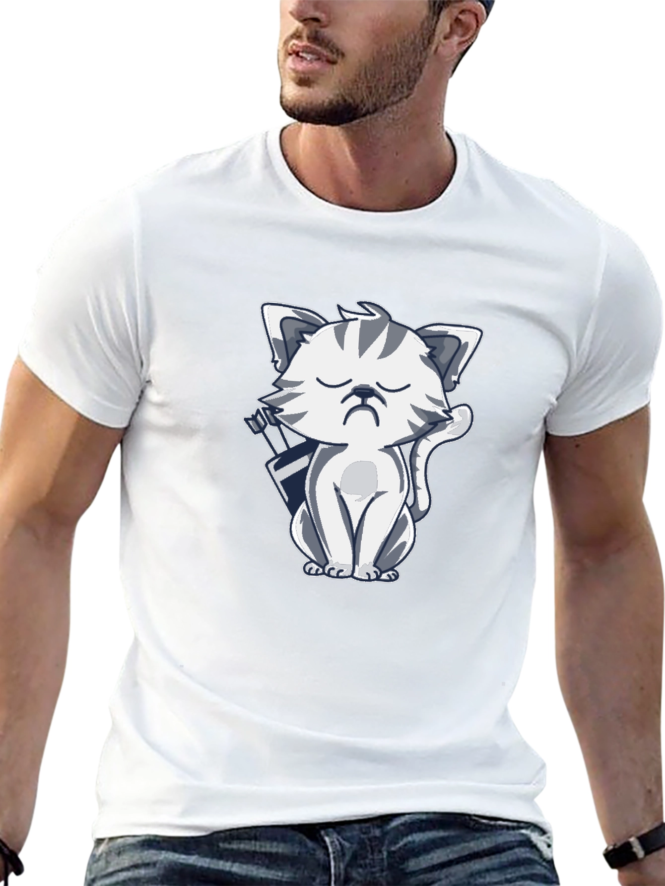 Grumpy Archer Cat Graphic T-Shirt - Black