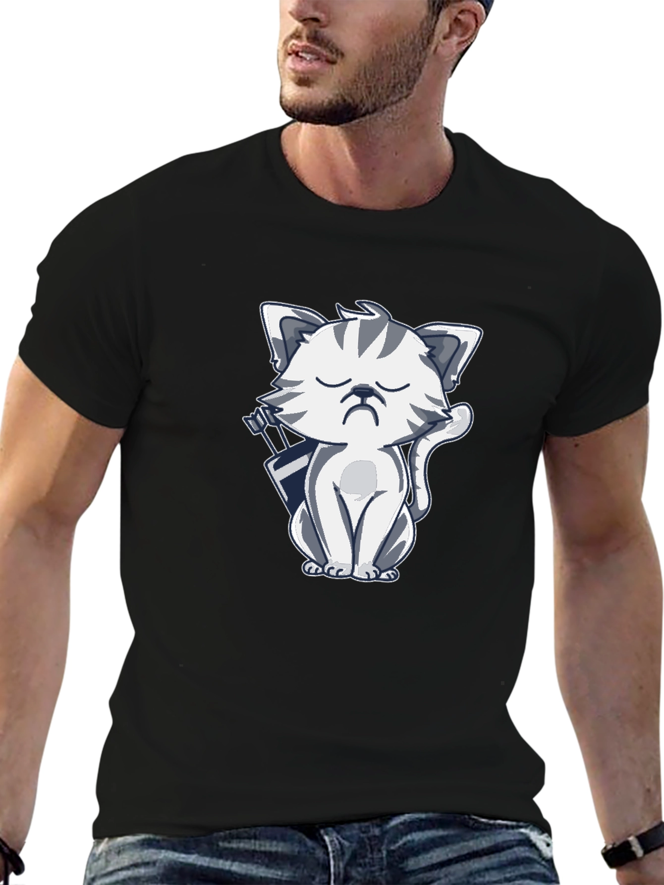 Grumpy Archer Cat Graphic T-Shirt - Black