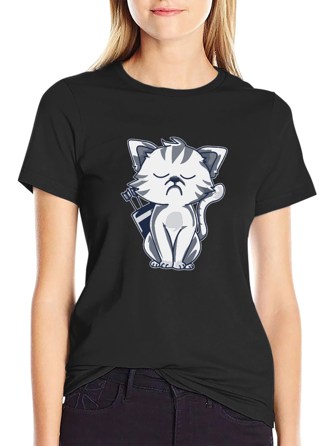 Grumpy Archer Cat Graphic T-Shirt - Black