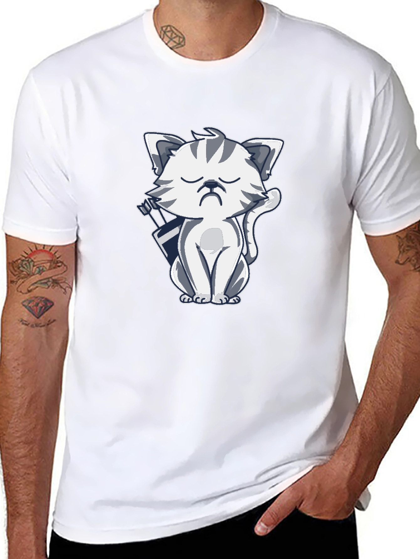Grumpy Archer Cat Graphic T-Shirt - Black