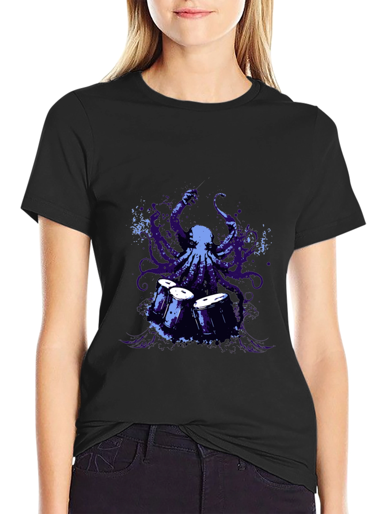 Octopus Drummer Graphic T-Shirt - Black