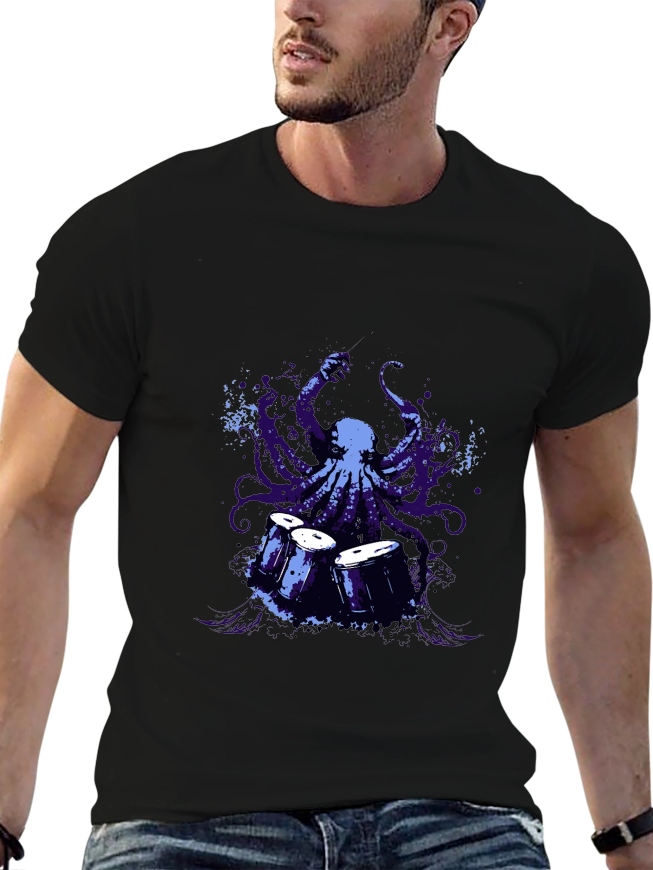 Octopus Drummer Graphic T-Shirt - Black