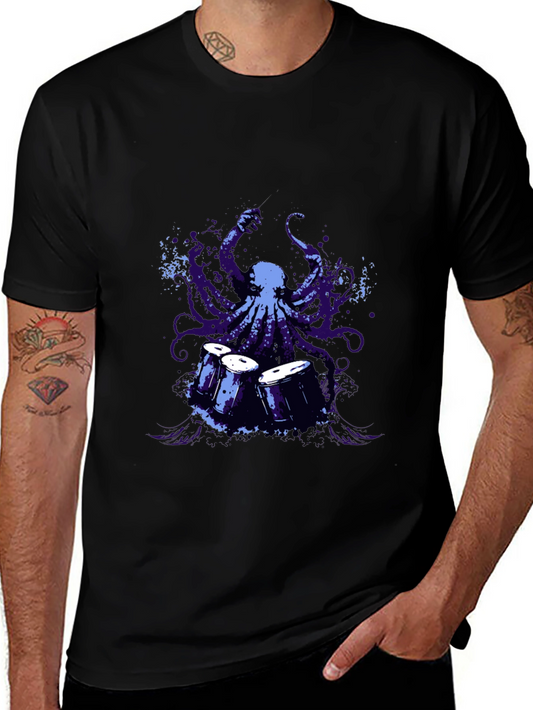 Octopus Drummer Graphic T-Shirt - Black