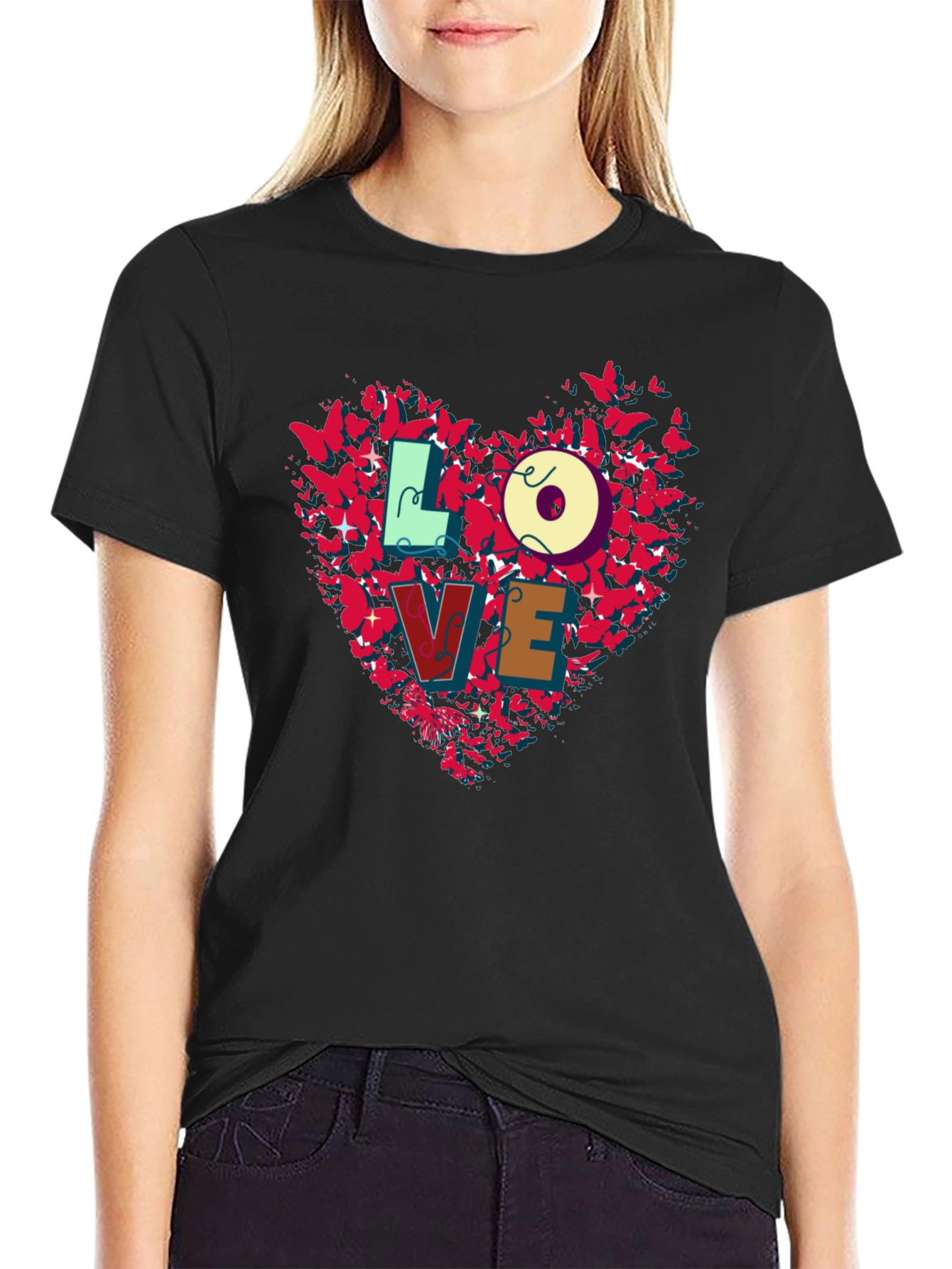 Love Butterfly Heart Graphic Tee - Black