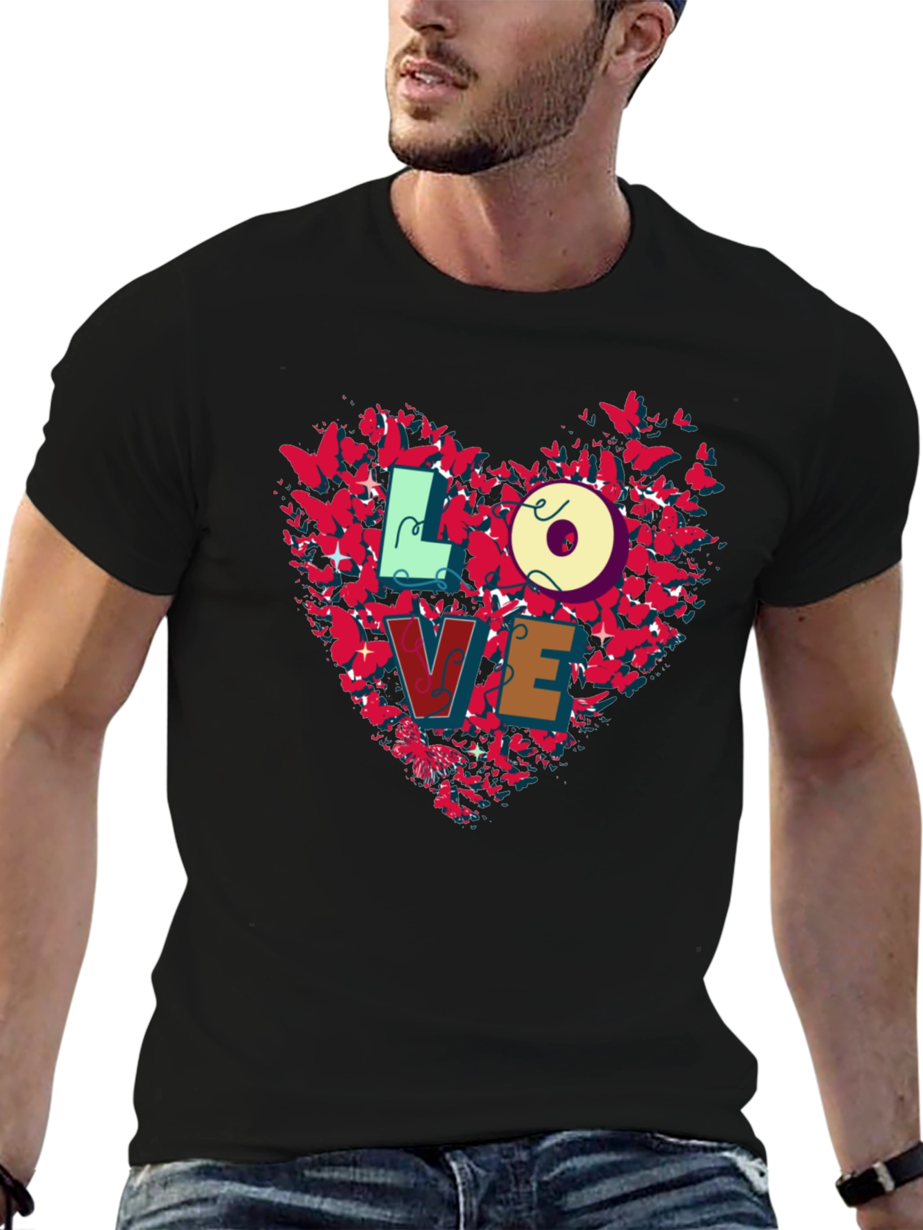Love Butterfly Heart Graphic Tee - Black