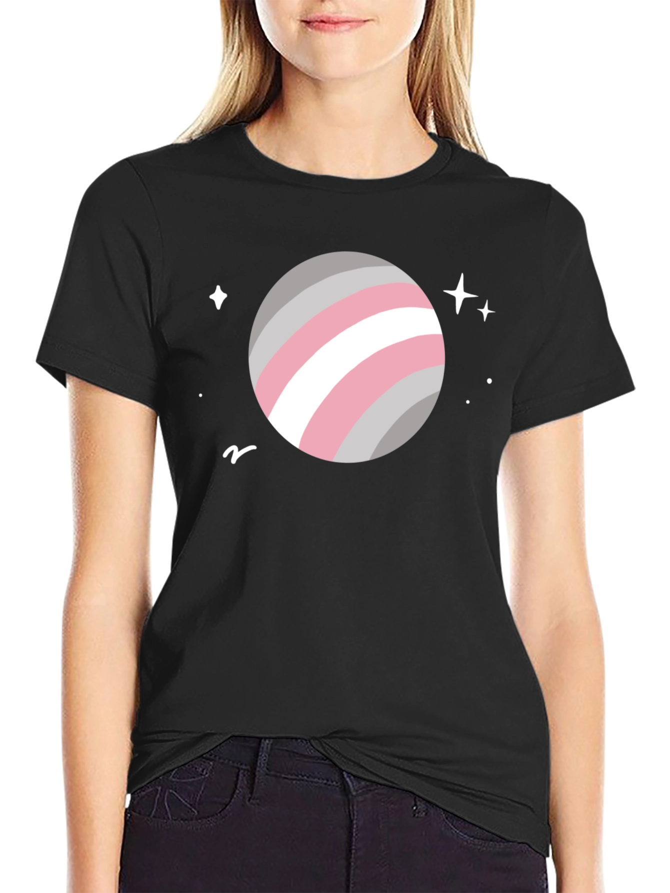 Trendy Space Planet Graphic Tee - Black Cotton Blend
