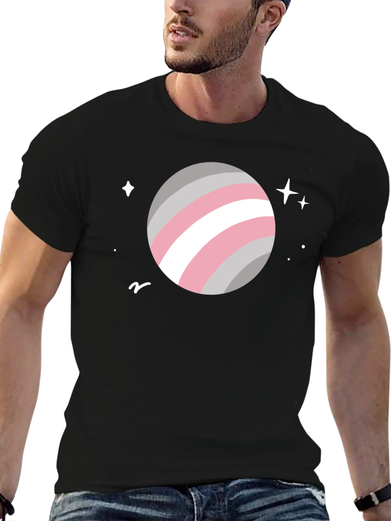 Trendy Space Planet Graphic Tee - Black Cotton Blend