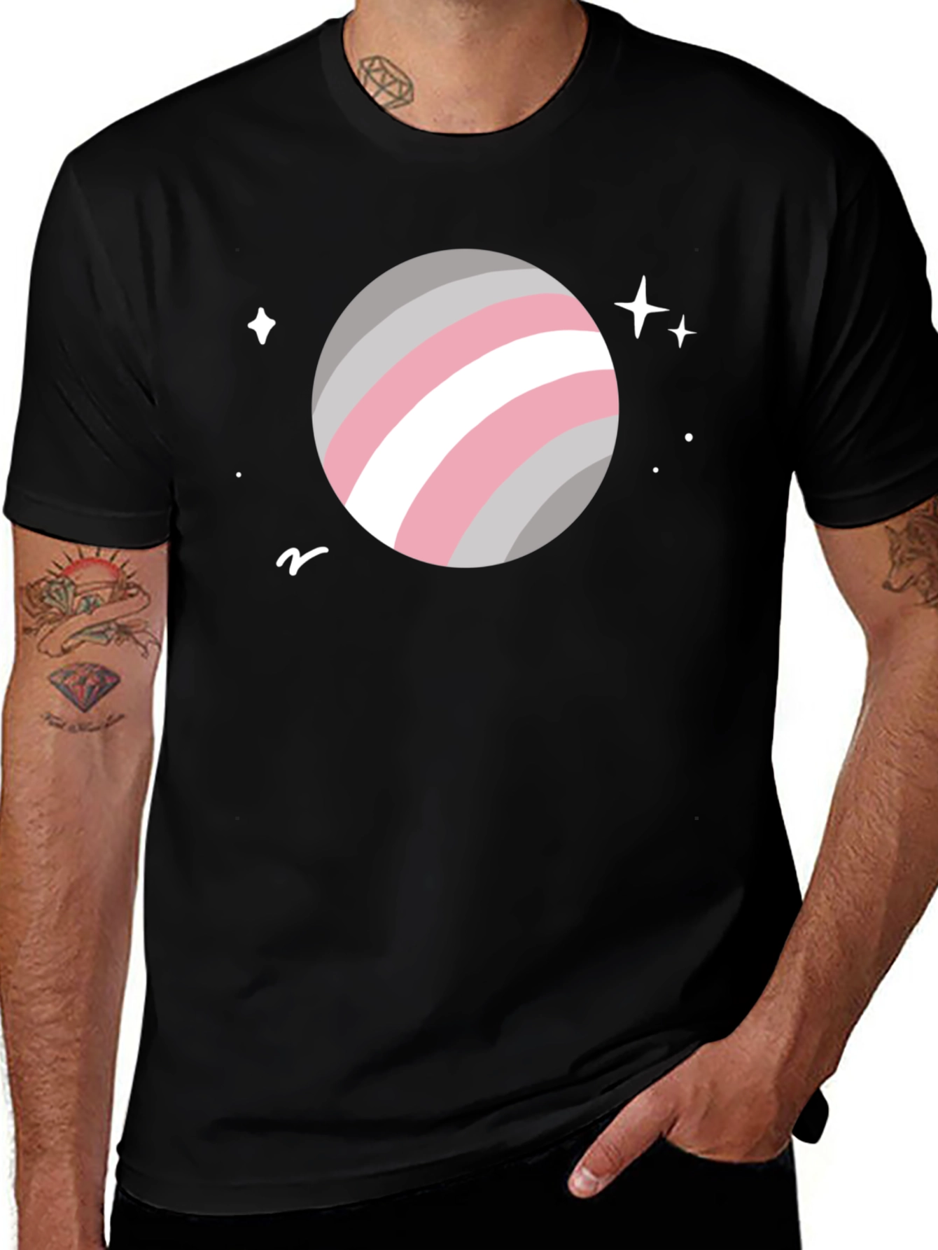 Trendy Space Planet Graphic Tee - Black Cotton Blend